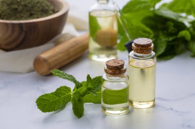 Bir şişe nane yağı ve nane yeşili yapraklar.