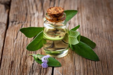 Salvia Officinalis esaslı yağ, adaçayı yağı ve taze adaçayı yaprakları sıralanmıştır.