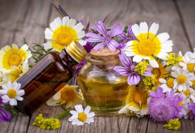 Essential oil in glass bottle with fresh chamomile flowers and variete herbal, beauty treatment.