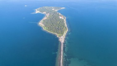 Aerial drone view of Urla district of Izmir, Turkey's third largest city. Iskele - Karantina island - Turkey