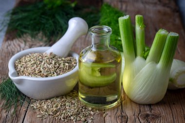 Rezene önemli petrol taze yeşil rezene twigs ve rezene tohum içinde belgili tanımlık geçmiş ile bir şişe