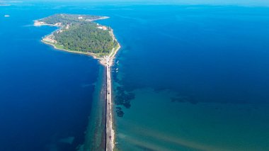 Aerial drone view of Urla district of Izmir, Turkey's third largest city. Iskele - Karantina island - Turkey