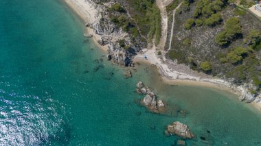 Vourvourou 'daki güzel Fava plajı, Yunan yarımadası Sithonia, Chalkidiki (Halkidiki), Yunanistan.
