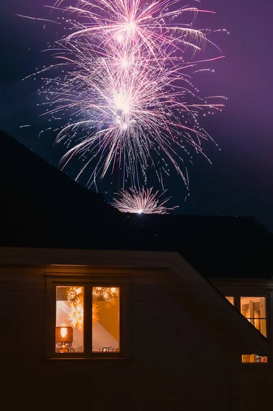 New Year Eve Fireworks Houses — Stock Photo, Image