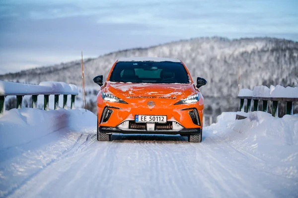 Rauland Norway January 2023 Orange Electric Car Mg4 Hatchback Chinese — Zdjęcie stockowe
