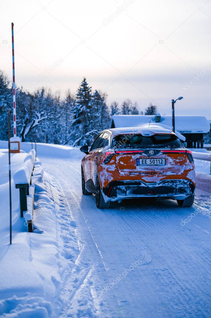 Rauland, Norway January 14, 2023 Orange electric car MG4 is a