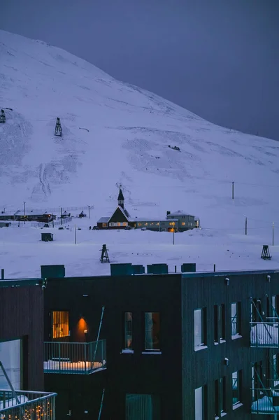 Norvège Paysage Glace Nature Ville Vue Spitsbergen Longyearbyen Nuit Polaire — Photo
