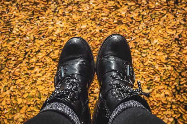 Nahaufnahme Von Schwarzen Lederstiefeln Die Über Einem Pool Von Herbstblättern — Stockfoto
