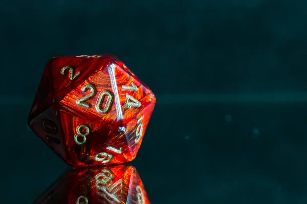 Close Image Red Sided Role Playing Dice Reflective Surface — Stock Photo, Image