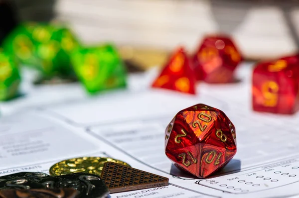 Macro Image Red Role Playing Gaming Die Character Sheet — Stock Photo, Image