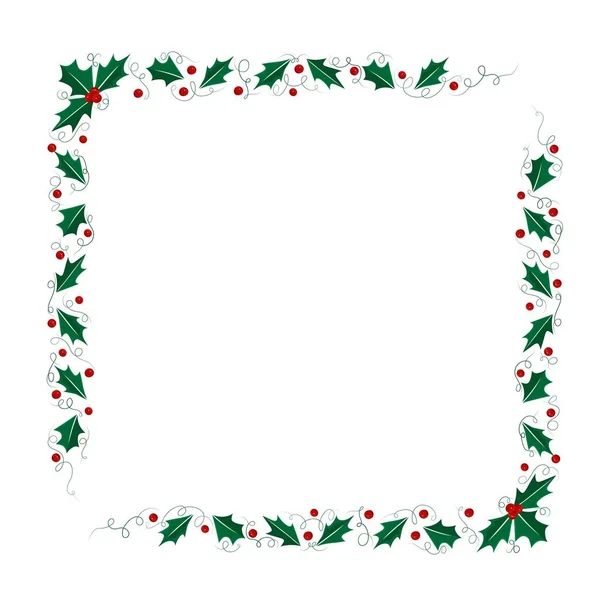 有冬青叶子的圣诞长方形框架 有树枝和浆果的圣诞荆棘的边缘 — 图库矢量图片