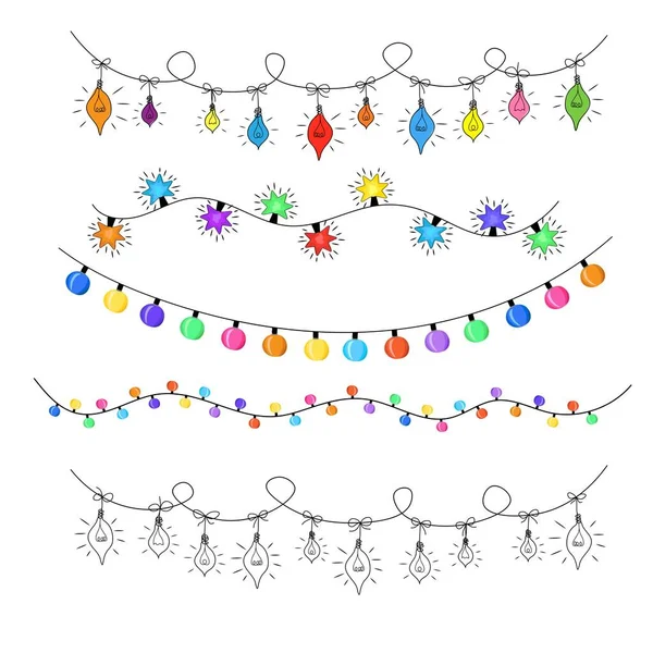 Noel Çelenkleri Lamba Topları Noel Renklerinin Yatay Sınırı Çelenk — Stok Vektör
