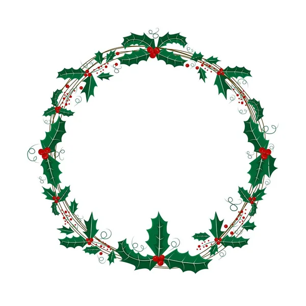 Grinalda Natal Para Decoração Moldura Redonda Natal Com Folhas Azevinho —  Vetores de Stock
