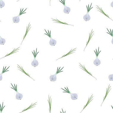 Beyaz arka planda yeşil soğanlı pürüzsüz desen. Mutfak tasarımı için yarım kesilmiş soğan deseni.