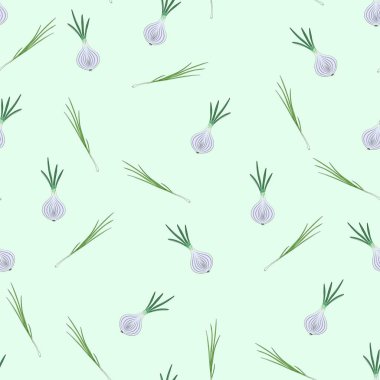 Yeşil arka planda yeşil soğanlı pürüzsüz desen. Mutfak tasarımı için yarım kesilmiş soğan deseni.