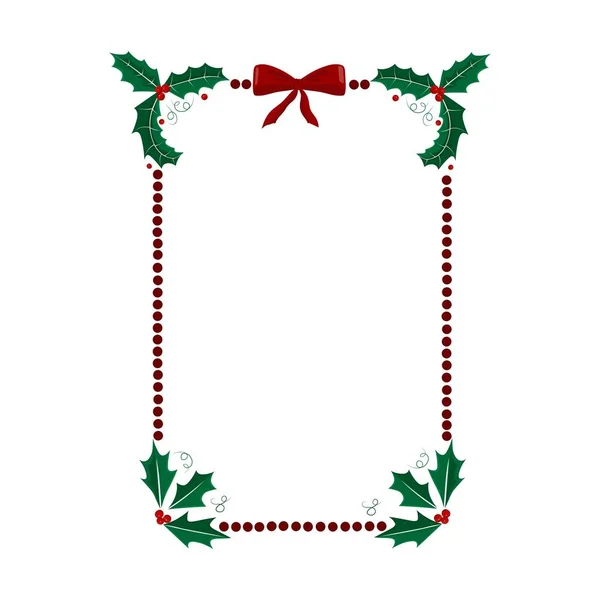 Weihnachtsrahmen Mit Stechpalmenzweigen Roter Schleife Lichtergirlanden Halskette Auf Weißem Hintergrund — Stockvektor