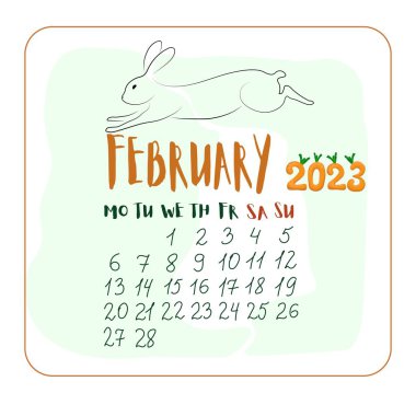 Şubat 2023, çizgi film tarzında bir tavşan, Şubat ayı çizgi film stili şirin tavşanlı takvim, havuç şeklinde 2023 numara.