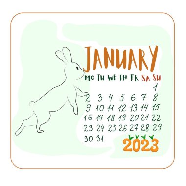 Ocak 2023 'te çizgi film stili bir tavşanla, Ocak ayı çizgi film stili şirin tavşanla, 2023 numara havuç şeklinde.