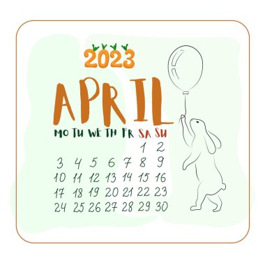 Nisan 2023, çizgi film tarzında bir tavşan, Nisan ayı çizgi film stili şirin tavşanlı takvim, havuç şeklinde 2023 numara.