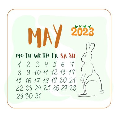 Mayıs 2023 'te çizgi film stili bir tavşanla, Mayıs ayı çizgi film stiliyle şirin tavşanlı takvim, havuç şeklinde 2023 numara