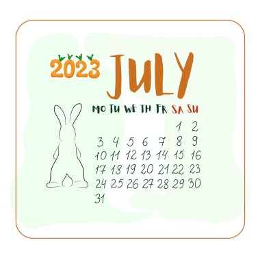 Temmuz 2023, çizgi film tarzında bir tavşan, Temmuz ayı çizgi film stili şirin tavşanlı takvim, havuç şeklinde 2023 numara.