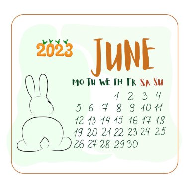 Haziran 2023 'te çizgi film stili bir tavşan, Haziran ayı çizgi film stili şirin tavşanlı takvim, havuç şeklinde 2023 numara.