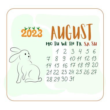 Ağustos 2023 'te çizgi film stili bir tavşan, Ağustos ayı çizgi film stili şirin tavşanlı takvim, havuç şeklinde 2023 numara.