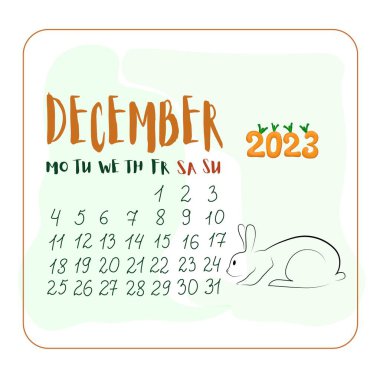 Aralık 2023 'te çizgi film stili bir tavşanla, Aralık ayı çizgi film stili şirin tavşanla, 2023 numara havuç.