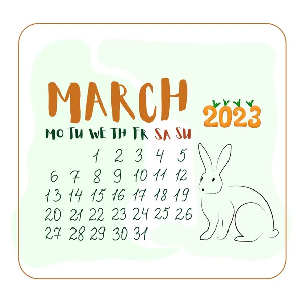Março 2023 Com Coelho Estilo Cartoon Calendário Para Março Estilo — Vetor de Stock