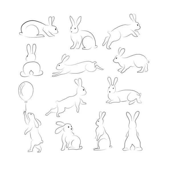 Stor Uppsättning Kaniner Kontur Kontur Isolerad Vit Bakgrund Harar Olika — Stock vektor