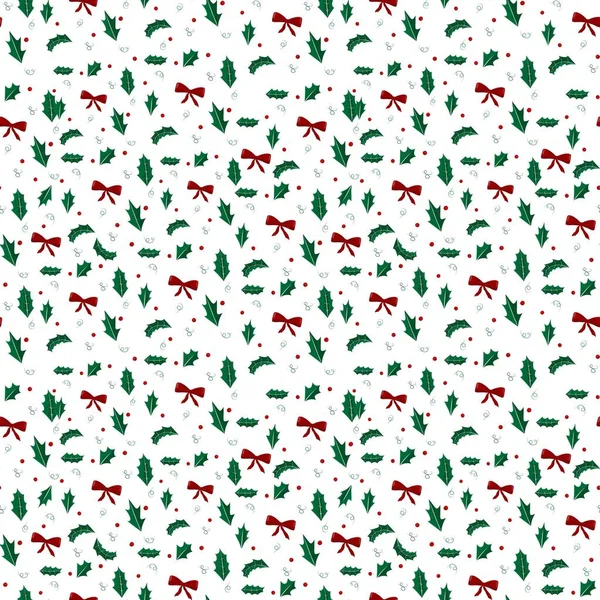 Modèle Noël Avec Des Feuilles Houx Baies Rouges Arc Bordeaux — Image vectorielle