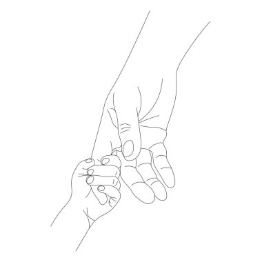contour to the child holds the father by the finger in line art style, the concept of maternal Protection and Parental Care isolated on a white background, the mother holds the child's hand, tenderness of maternal love