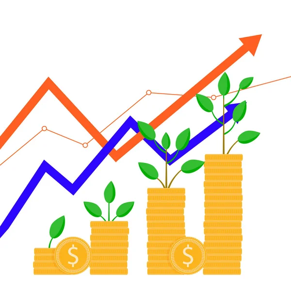 Growth business, rising money, grow seed as coins. Vector illustration. Success investment, money grow, business graphic symbol, seed growing, economy invest, bank cash, green coin tree