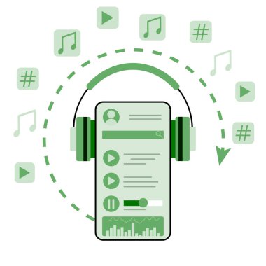 Müzik servisi çevrimiçi ve canlı, müzik dinlemek için mobil uygulama. Vektör çizimi. Çevrimiçi yayın, müzik mobil uygulaması, yayın servisi, modern akıllı telefon şarkı yazılımı, canlı müzik