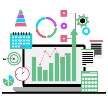 İş analizleri, grafik grafikleri, teslim tarihleri, hedef ve takvim. Vektör çizelgesi ve hedefi, grafik analizi illüstrasyonu, pazarlama veri tasarımı, analiz ve grafik yönetimi