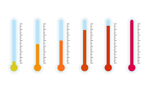 温度计收集与高温 热和热动画 矢量图解 温度计刻度 不同温度概念 汞控制 医疗或气象学仪器 — 图库矢量图片
