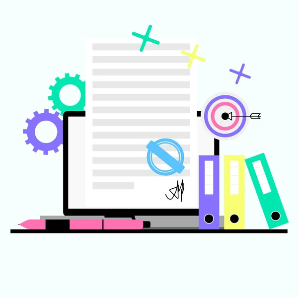 Digital Signature Laptop Smart Contract Remotely Business Deal Vector Illustration — Stock Vector