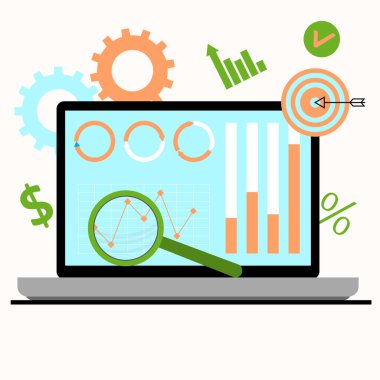 İş analistinin çalıştığı yer, dizüstü bilgisayardaki grafik ve çizelge. Vektör çizimi. Web finans istatistikleri, bilgisayar takım çalışması, ticari mesleki planlama, işyeri şeması, iş analisti