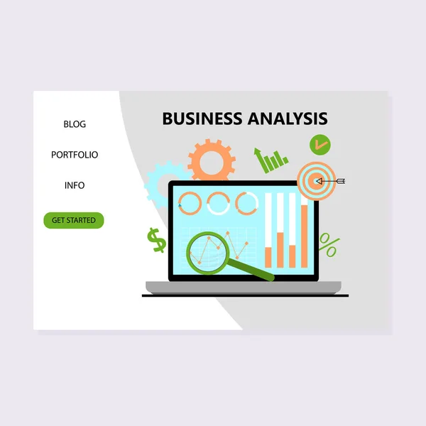 ビジネス分析ランディングページ メトリックスでビジネスをサポート ベクトルイラスト ビジネスウェブサイト 分析コンセプト モバイルチャートレイアウト 作業プロセス ウェブ管理 モックアップ職場 — ストックベクタ