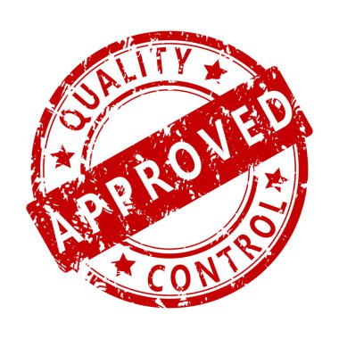 Onaylanmış kalite ve kontrol kauçuk damgası. Etiket iş tasarımı, onay sertifikası, yuvarlak işaret etiketi onayı, etiket illüstrasyonu