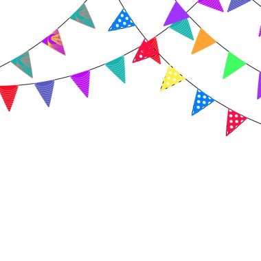 Pankart ya da poster şablonu için Pennant bayrağı şablonu, dekorasyon partisi şenliği, tatil çelengi tasarımı, renkli ipin çizimi, olay doğum günü ya da Noel vektörü