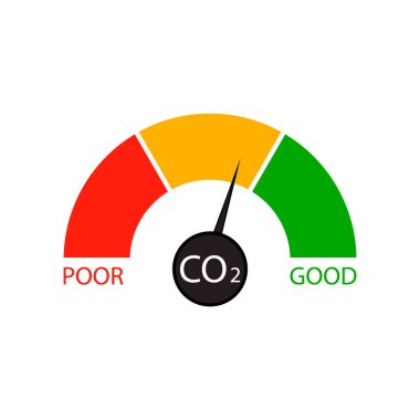 Emisyonları ölçmek için karbondioksit göstergesi. CO2 çevre kirliliği, iklim hava kalitesi, algılayıcı aygıtı izleme, vektör illüstrasyonu