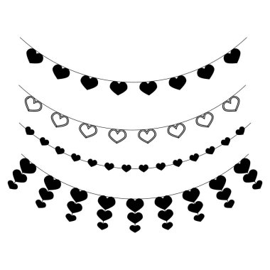 Sevgililer Günü flamaları, setin siyah silueti, aşk kutlaması vektörü, sevgililer günü bayrağı ya da doğum günü bayrağı, bunting flaması gün illüstrasyonu