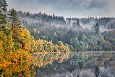 Sonbaharın bir sabahında, balık tutan bir balıkçıyla yansıyan güzel bir göl..