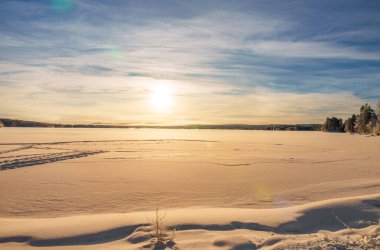 İsveç kış sahnesi, buzlu, karlı, göllü ve bitkilerli. Goran of İsveç