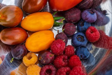 Zarif bir kasede titizlikle hazırlanmış çeşitli taze meyvelerden oluşan güzel ve canlı bir koleksiyon.