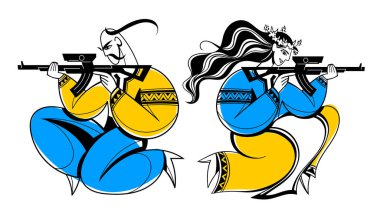 vector image of a ukrainian warrior (cossack) and a warrior woman in national traditional clothes in the colors of the ukrainian flag with rifles, who defend their country from the russian invasion. clipart