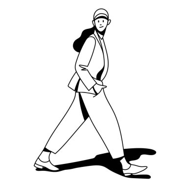 Sokakta yürüyen şık elbiseli güzel bir kızın vektör trendli çizgisel çizimi. Sokak tarzı, moda. Web, grafik tasarımı, baskı, giyim mağazası, kart, poster için kullanışlı