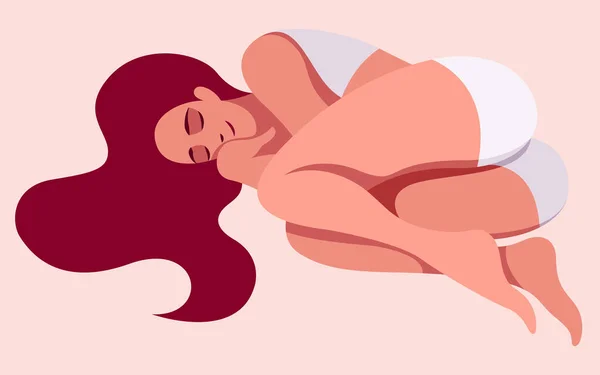 Διανυσματική Εικόνα Ενός Κοριτσιού Που Κοιμάται Εσώρουχα Κουλουριασμένο Μια Ζεστή — Διανυσματικό Αρχείο