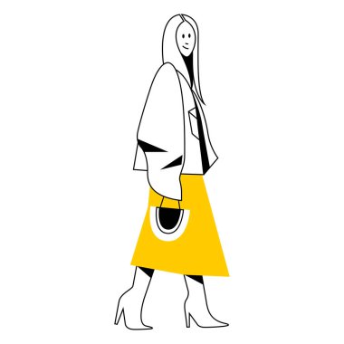 Vektör düz tasarım moda çizgisel görüntü sonbaharda güzel stil kadın ya da sokakta yürürken kışlık sıcak kıyafetler. Sokak tarzı, moda. Web, grafik tasarımı, baskı, kart, poster için kullanışlı